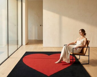 Tapete, Tapete Romântico Amoroso, Coração Vermelho Preto Moderno para o Dia dos Namorados, Tapete Tufted Feito à Mão,