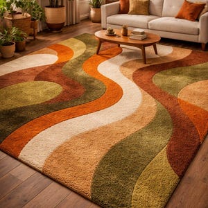 May include: A large, retro-style area rug with a wavy pattern in shades of orange, green, and cream. The rug is placed on a hardwood floor and adds a warm, inviting feel to the room. The rug's dimensions are not visible.