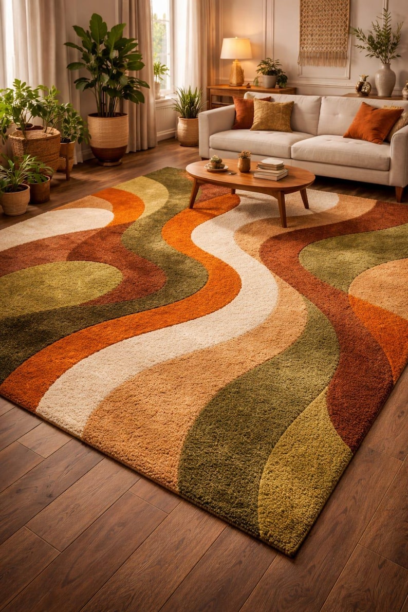 May include: A large, retro-style area rug with a wavy pattern in shades of orange, green, and cream. The rug is placed on a hardwood floor and adds a warm, inviting feel to the room. The rug's dimensions are not visible.