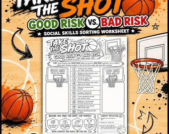 Hoja de trabajo de baloncesto sobre riesgo bueno vs. riesgo malo / Actividad de clasificación de habilidades sociales / Material imprimible para la reflexión sobre el comportamiento
