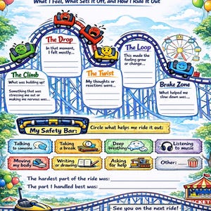 Peut inclure: Une affiche colorée intitulée "Roller Coaster of Emotions" sur le thème des montagnes russes. Elle propose des questions pour l'introspection, telles que "La Chute", "La Boucle" et "Le Twist". L'affiche comprend une section "Ma barre de sécurité" avec des stratégies.