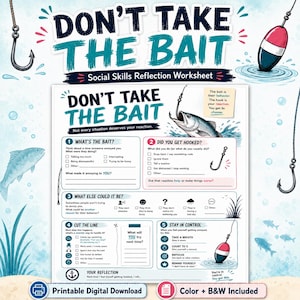 Könnte beinhalten: Ein druckbares digitales Arbeitsblatt zur Reflexion sozialer Fähigkeiten mit dem Titel "Don't Take the Bait". Das Arbeitsblatt hat ein Angelthema mit Illustrationen von Fischen, Haken und Schwimmern. Farb- und Schwarzweißversionen enthalten.