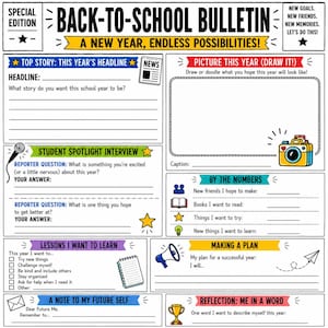 May include: A black and white printable back-to-school bulletin worksheet with yellow, blue, green, purple, and red accents. It features sections for headlines, interviews, goals, and drawings, decorated with icons like a camera, microphone, and megaphone.