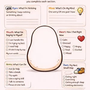 May include: A Spud-tastic Self Check worksheet featuring a central potato illustration. Sections include Eyes, Mind, Mouth, Heart, Arms, Feet, and Spud Strength with checkboxes and prompts for self-reflection, written in English on a light background.
