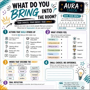 Könnte beinhalten: Ein weißes Arbeitsblatt mit dem Titel What Do You Bring Into The Room? mit Abschnitten für Aura Check, Actions That Build Others Up, What Others Feel, Words That Describe The Energy, Small Choices Big Difference und Final Reflection.