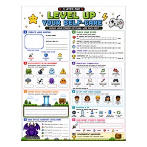 Op de afbeelding: Een printbaar zelfzorgplannerblad met een videogame-thema. De koptekst luidt "PLAYER ONE LEVEL UP YOUR SELF-CARE". De lay-out bevat secties voor het maken van een avatar, het bijhouden van statistieken, het vermelden van statuseffecten, inventaris, een spawn-punt, co-op-team, respawn-plan, baasgevecht, zijmissie en ontgrendelde prestaties.