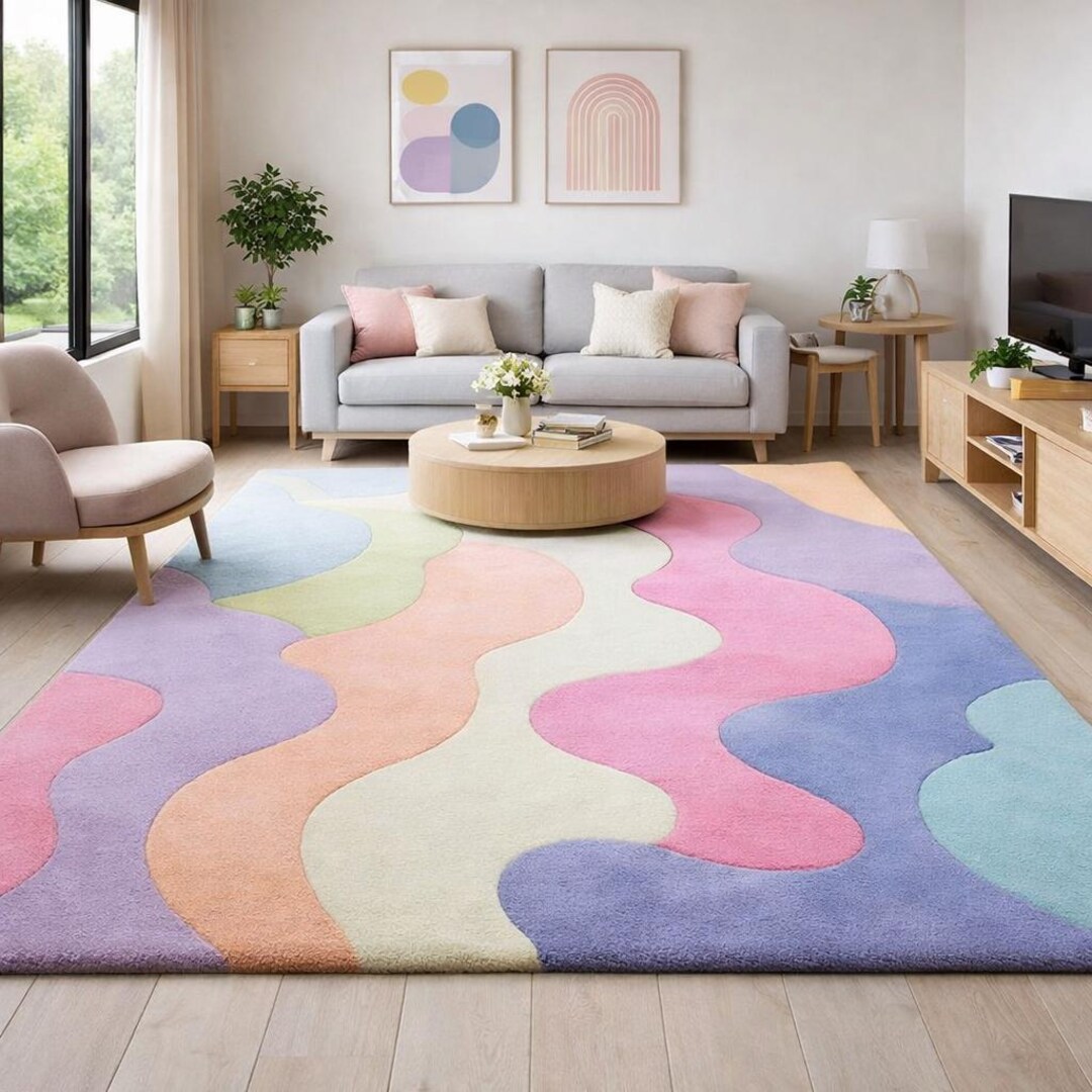 Pastel Rug Modern Modern Abstract Pastel Rug, Wavy Color Design Area Rug, Contemporary ...