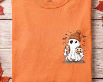 Schattig Ghost Coffee-shirt, comfortkleuren herfstt-shirt, spookachtige seizoenskleding, Pumpkin Spice Latte-top, gezellig Halloween-T-shirt, esthetiek herfst