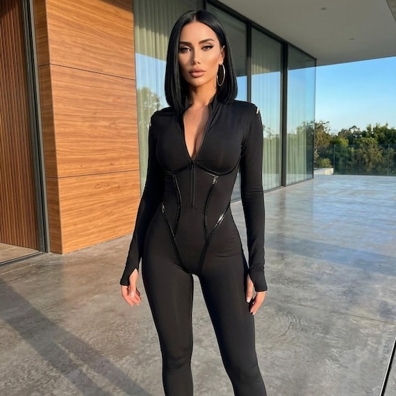 Black Sporty Zip Jumpsuit, Y2K Bodycon Catsuit, Long Sleeve