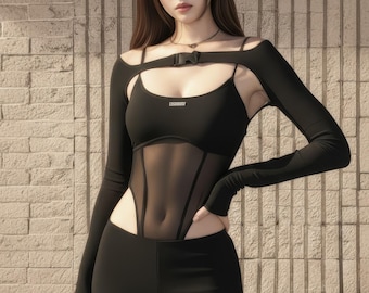 May include: Black bodysuit with long sleeves, a sheer mesh panel, and a buckle detail. The outfit includes matching black leggings. The top has a cutout design and a small logo on the chest. The model is standing in front of a brick wall.