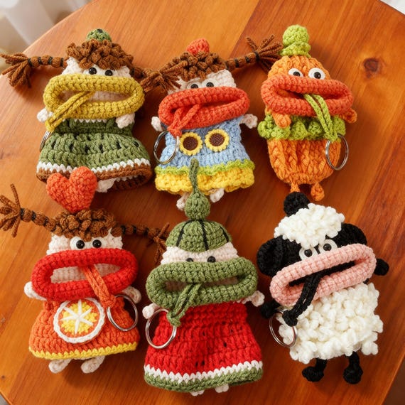 小物 sillage Knitted Keychains Handmade Crochet Cartoon Sausage Mouth Key Pouch, Cute Knitted