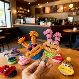 May include: A collection of colorful, crocheted key covers in various designs. The covers feature whimsical faces with details like sunglasses, braids, and expressive mouths. The key covers are displayed on a wooden table.