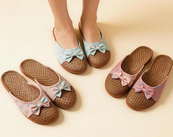 Pantuflas de lino tejidas a mano para mujer, transpirables, con lazo, para interiores, con suela gruesa antideslizante, cómodas zapatillas de verano para el hogar.