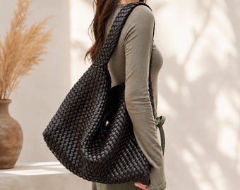 Handgewebte Top Grain Leder Einkaufstasche für Frauen, große Kapazitäts-echtes Leder Umhängetasche, Slouchy Arbeit Pendler Mom Tote Geldbörse Geschenk
