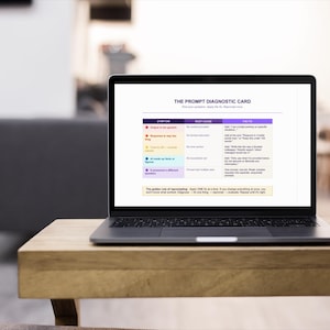 Könnte beinhalten: Ein Laptop, der "THE PROMPT DIAGNOSTIC CARD" auf seinem Bildschirm anzeigt, mit einer Tabelle von Symptomen, Ursachen und Tipps. Der Laptop steht offen auf einem Holztisch, mit einem verschwommenen Hintergrund eines Raumes.