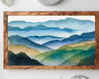 Misty Mountain Watercolor Art Print, Abstract Blue Landscape (Digital Download)