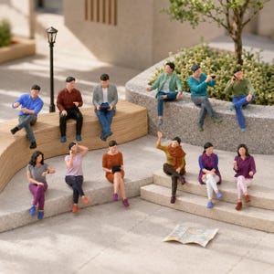 Miniatyrfigurer av sittande människor 1:64 handmålade för urbana diorama-scener