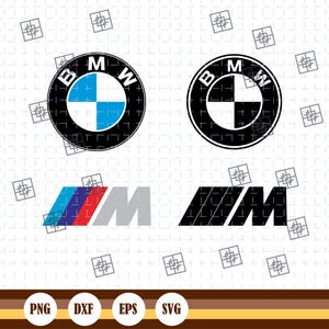 Puede incluir: La imagen muestra dos logotipos de BMW y dos logotipos de M. Los logotipos de BMW son circulares, uno con un diseño de cuadrante azul y blanco, el otro en blanco y negro. Los logotipos de M están en un degradado de azul, rojo y gris, y un diseño en blanco y negro.