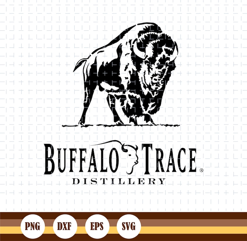 K&ouml;nnte beinhalten: Schwarz-wei&szlig;es Logo mit einer B&uuml;ffelsilhouette &uuml;ber den Worten "Buffalo Trace Distillery". Der B&uuml;ffel ist detailliert mit sichtbarem Fell und H&ouml;rnern. Darunter die Dateityp-Symbole: PNG, DXF, EPS und SVG.