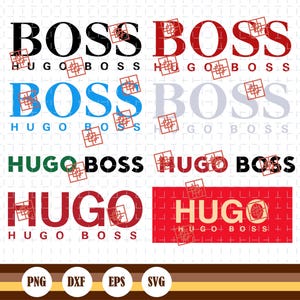 Puede incluir: Un diseño gráfico con las palabras "BOSS" y "HUGO BOSS" en varios colores y estilos. El diseño incluye los iconos de tipo de archivo: PNG, DXF, EPS y SVG.