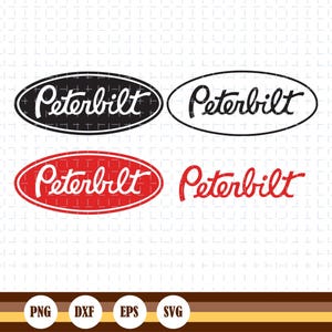May include: Four Peterbilt logo designs in black and red. Two logos are in an oval shape, one black with a white outline and one red with a white outline. The other two logos are in a script font, one black and one red.