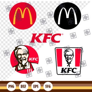 Pode incluir: Uma coleção de logotipos de fast food, incluindo os arcos dourados do McDonald's em vermelho e preto, e o logotipo do KFC com o rosto do Coronel. O logotipo do KFC também é exibido em texto vermelho. Ícones de tipo de arquivo também estão presentes.