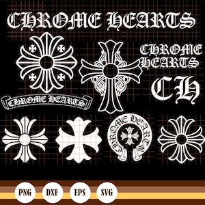 May include: A selection of white Chrome Hearts logos and graphics on a black backdrop. The designs include crosses, floral patterns, and the brand name in gothic lettering. File type icons are at the bottom.