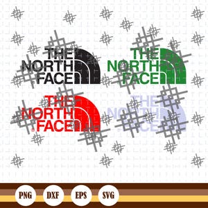 Puede incluir: Cuatro variaciones del logotipo "The North Face" en negro, verde, rojo y azul claro. Cada logotipo es un semicírculo con el nombre de la marca en blanco, superpuesto con un patrón geométrico gris. Debajo hay iconos de tipo de archivo PNG, DXF, EPS y SVG.
