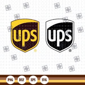 May include: Two UPS logos are displayed. The first is a shield shape with a gold border, a brown interior, and the letters "ups" in gold. The second logo is a shield shape with a black border, a white interior, and the letters "ups" in white.