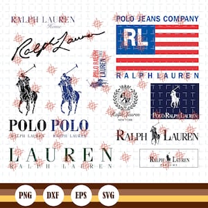 Op de afbeelding: Een verzameling Ralph Lauren logo's en afbeeldingen, waaronder het Polo Jeans Company logo, een vlagontwerp en het iconische polospeler-silhouet. Tekstelementen bevatten "Ralph Lauren" en "Polo" in verschillende stijlen.