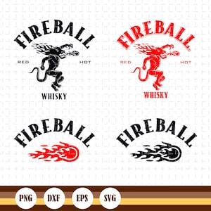 Op de afbeelding: Vier varianten van het "Fireball" logo worden getoond. Twee tonen een demonachtige figuur die vuur spuwt, met het woord "Fireball" erboven. De andere twee tonen een vuurbalafbeelding. Het woord "Whisky" staat eronder.