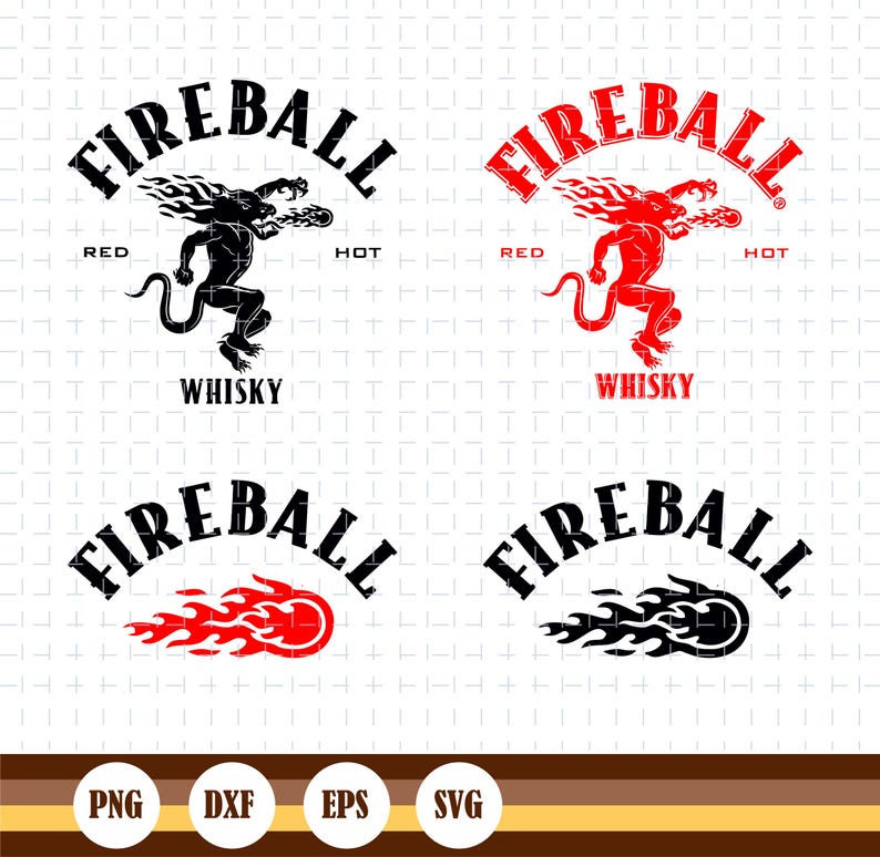 Op de afbeelding: Vier varianten van het "Fireball" logo worden getoond. Twee tonen een demonachtige figuur die vuur spuwt, met het woord "Fireball" erboven. De andere twee tonen een vuurbalafbeelding. Het woord "Whisky" staat eronder.