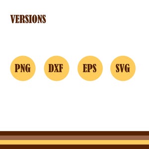 Op de afbeelding: Het woord "VERSIONS" wordt in een bruin, schreeflettertype weergegeven boven vier gele cirkels. Elke cirkel bevat een bestandstype-afkorting: PNG, DXF, EPS en SVG. De achtergrond is wit met bruine en gele horizontale strepen aan de onderkant.