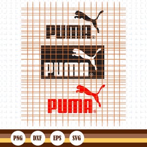 May include: Three Puma logos in black, white, and red, featuring the Puma cat logo. The logos are set against a grid pattern background. File type icons: PNG, DXF, EPS, and SVG are at the bottom.