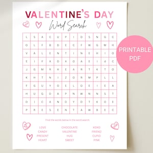 バレンタインワードサーチ、印刷可能なゲーム、バレンタインデーワードサーチゲーム、ガレンタインゲーム、クロスワードパズル、教室用バレンタインカード、PDF印刷