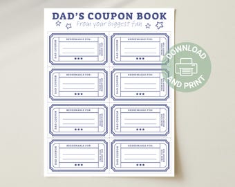 DIY Fathers Day, Custom Coupon Book, Fathers Day Present, Gift Ideas For Dad, Bonus Dad Gift, Best Dad, Kids Coupon Book, Printable Gift,PDF