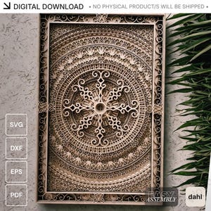 May include: A rectangular laser-cut wood wall art piece featuring intricate layered mandala patterns with a central star-like motif. The design includes ornate scrollwork and geometric borders. Text on the image includes DIGITAL DOWNLOAD, SVG, DXF, EPS, PDF, EASY ASSEMBLY, and dahl.