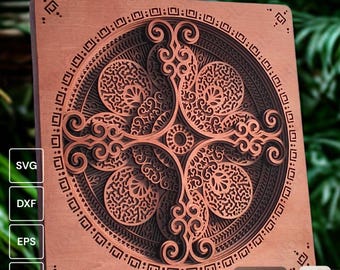 Peut inclure: Une œuvre d'art en bois multicouche avec un design symétrique détaillé. L'œuvre présente un motif circulaire central avec des éléments floraux et géométriques complexes. La pièce est dans des tons de brun et contient le texte "TÉLÉCHARGEMENT NUMÉRIQUE" et des icônes de type de fichier.