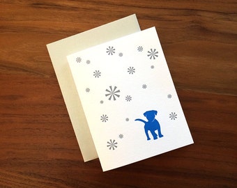 Blue Puppy with Snowflakes - Letterpress Holiday Card -