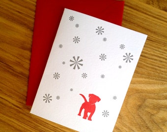 Letterpress Holiday Card - Red Dog with Snowflakes