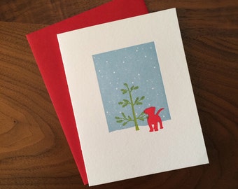 Letterpress Holiday Card - Red Puppy with Tree