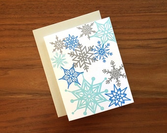 Silver and Blue Snowflakes - Letterpress Holiday Card