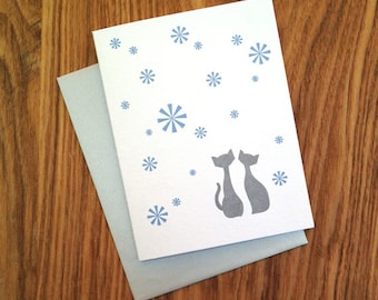 Letterpress Holiday Card - Silver Cats with Snowflakes