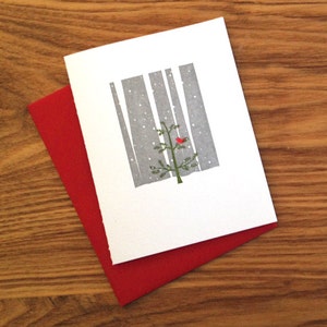 Letterpress Holiday Card - Little Red Bird in Tree