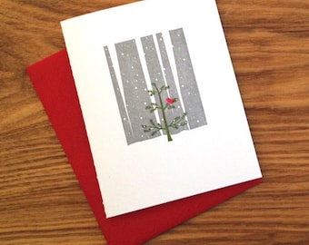 Letterpress Holiday Card - Little Red Bird in Tree