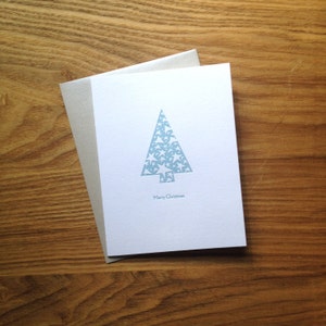 Letterpress Biglietto di Natale - Albero Blu Contemporaneo con Stelle Bianche