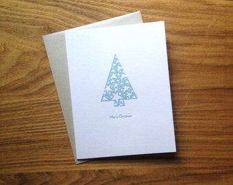 Letterpress Christmas Card - Contemporary Blue Tree with White Stars