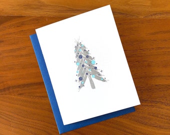 Letterpress Christmas Card - Silver Mid Century Tree