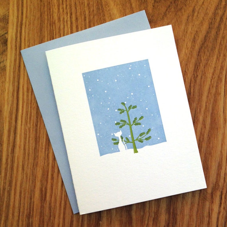 Letterpress Holiday Card White Cat with Tree image 1