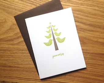 Letterpress Holiday Card - Green Bird Tree